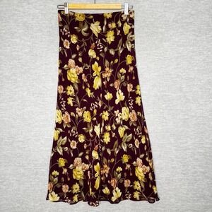 Vintage 90s Express Floral Maxi Skirt Size 5/6 Maroon Boho Grunge Y2K 1990s Dark